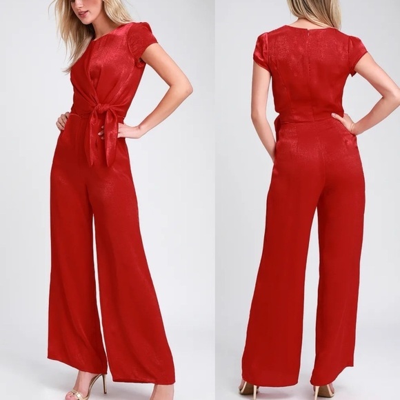 Lulu’s Let Me Entertain You Jumpsuit XS Red Satin Wide Leg - Picture 1 of 11
